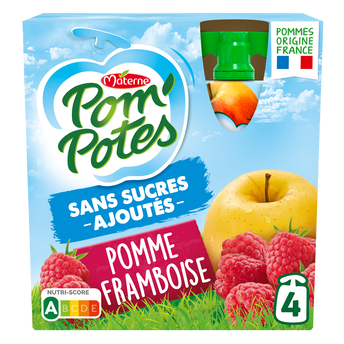 Dessert fruitier Gourdes Sans Sucres Ajoutés Pomme Framboise POM'POTES, 4x90g