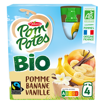 Compotes Gourdes BIO Pomme Banane Vanille POM'POTES, 4x90g