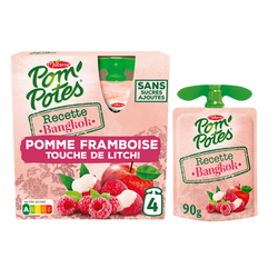 Compotes Gourdes Recettes du Monde Bangkok Pomme Framboise touche de Litchi POM'POTES, 4x90g