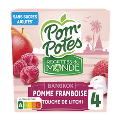 Dessert fruitier Gourdes Recettes du Monde Bangkok Pomme Framboise touche de Litchi POM'POTES, 4x90g