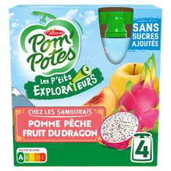 Dessert fruitier Gourdes Les P'tits Explorateurs Les Samourais Pomme Pêche Fruit du Dragon POM'POTES, 4x90g