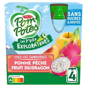 Dessert fruitier Gourdes Les P'tits Explorateurs Les Samourais Pomme Pêche Fruit du Dragon POM'POTES, 4x90g