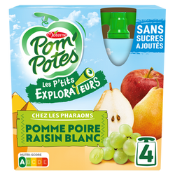 Dessert fruitier Gourdes Les P'tits Explorateurs Les Pharaons Pomme Poire Raisin Blanc POM'POTES, 4x90g