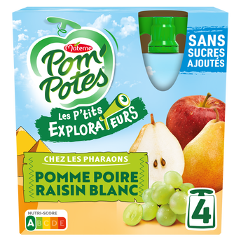 Dessert fruitier Gourdes Les P'tits Explorateurs Les Pharaons Pomme Poire Raisin Blanc POM'POTES, 4x90g