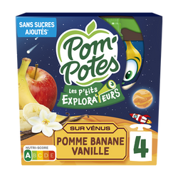 Dessert fruitier Gourdes Les P'tits Explorateurs Sur Venus Pomme Banane Vanille POM'POTES, 4x90g