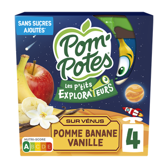 Dessert fruitier Gourdes Les P'tits Explorateurs Sur Venus Pomme Banane Vanille POM'POTES, 4x90g