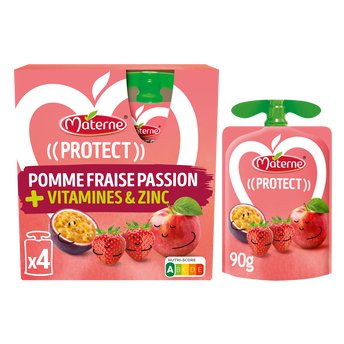 Dessert fruitier Gourdes Protect Pomme Fraise Passion + Vitamines & Zinc MATERNE, 4x90g