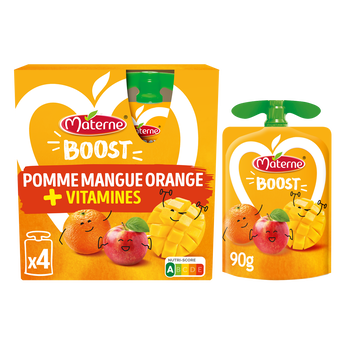 Dessert fruitier Gourdes Boost Pomme Mangue Orange + Multivitamines MATERNE, 4x90g