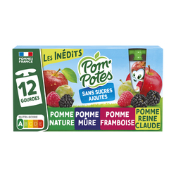 Dessert fruitier Gourdes Sans Sucres Ajoutés Pomme, Pomme Mûre, PommeFramboise, Pomme Reine Claude Les Inédits POM'POTES, 12x90g