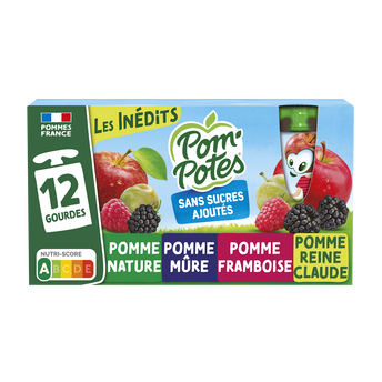 Dessert fruitier Gourdes Sans Sucres Ajoutés Pomme, Pomme Mûre, PommeFramboise, Pomme Reine Claude Les Inédits POM'POTES, 12x90g