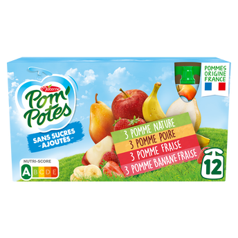 Compotes Gourdes Sans Sucres Ajoutés Pomme, Pomme Poire, Pomme Fraise,Pomme Banane POM'POTES, 12x90g