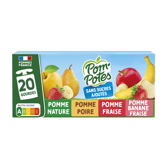 Dessert fruitier Gourdes Sans Sucres Ajoutés Pomme, Pomme Poire, PommeFraise,Pomme Banane Fraise POM'POTES, 20x90g