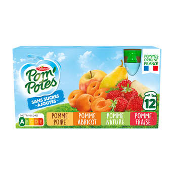 Compotes Gourdes Pomme, Pomme Fraise, Pomme Poire, Pomme Abricot POM'POTES, 12x90g