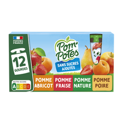 Dessert fruitier Gourdes Pomme, Pomme Fraise, Pomme Poire, Pomme Abricot POM'POTES, 12x90g