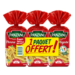 Pâtes fantaisies penne rigate PANZANI pq 2x500g+1 pq offert