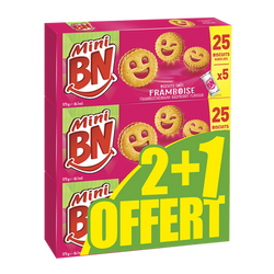 Mini biscuits fourrés framboise BN, x5 pochons, 2x175g + 1 offert, 525g