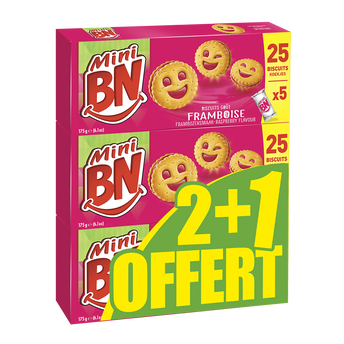 Mini biscuits fourrés framboise BN, x5 pochons, 2x175g + 1 offert, 525g