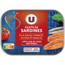 U Filets de sardines tomate ,basilic et olives boîte de 1/6, 100g