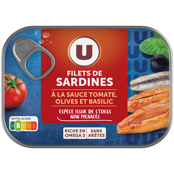 U Filets de sardines tomate ,basilic et olives boîte de 1/6, 100g