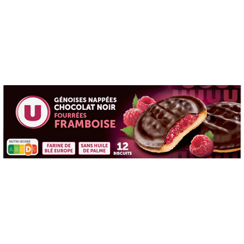 U Biscuits fourrés à la framboise nappés de chocolat paquet de 150g