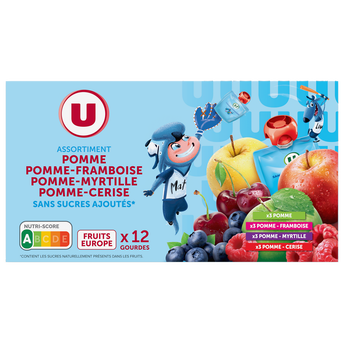 U Dessert fruitier sans sucres ajoutés purée pomme nature, pomme-framboise, pommme-myrtille, pomme-cerise U, 12x90g