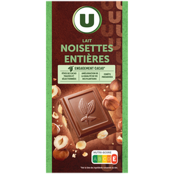 U Chocolat au lait et aux noisettes entières Tablette de 200g