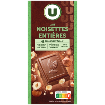 U Chocolat au lait et aux noisettes entières Tablette de 200g