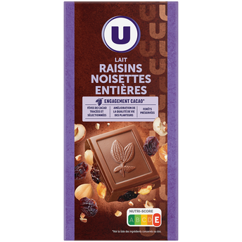 U Chocolat au lait extra raisins et noisettes Tablette de 200g
