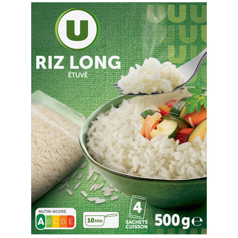 U Riz long grain étuvé 10 minutes 4 sachets cuisson de 125g, 500g