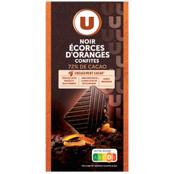 U Chocolat noir 72% de cacao aux écorces d'orange - tablette 100g