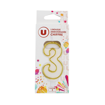 U Bougie anniversaire dorée chiffre N°3
