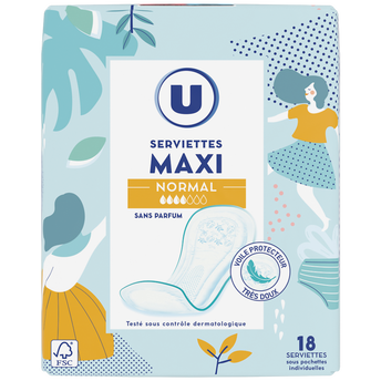 U Serviettes hygiéniques maxi normal pliées x18
