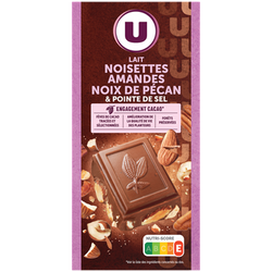U Chocolat au lait aux amandes,noisettes et noix de pécan et pointe de sel Tablette de 200g