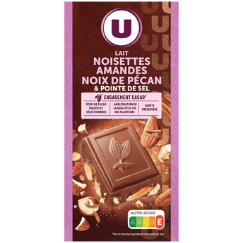 U Chocolat au lait aux amandes,noisettes et noix de pécan et pointe de sel Tablette de 200g