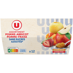 U Dessert fruitier coupelle 6 pommes-abricots, 6 pommes-fraises sans sucre ajouté 12x100g