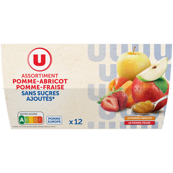 U Dessert fruitier coupelle 6 pommes-abricots, 6 pommes-fraises sans sucre ajouté 12x100g