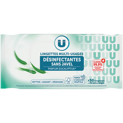 U Lingettes désinfectantes sans javel multi-usages fraîcheur eucalyptusx25
