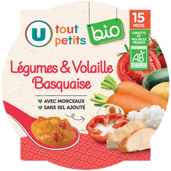 U TOUT PETITS BIO Plat bébé assiette de légumes et volaille basquaise dès 15 mois, 250g