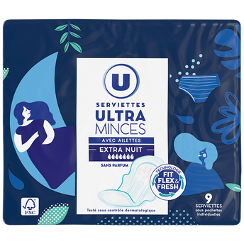 U Serviettes hygiéniques ultra extra nuit ailettes boîte x9