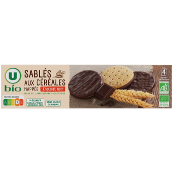 U BIO Biscuits Sablés bio aux céréales nappés de chocolat noir , paquet de 200g