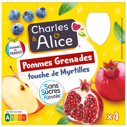 Dessert pomme/grenade/myrtille, sans sucre ajouté, CHARLES & ALICE - 4x90g