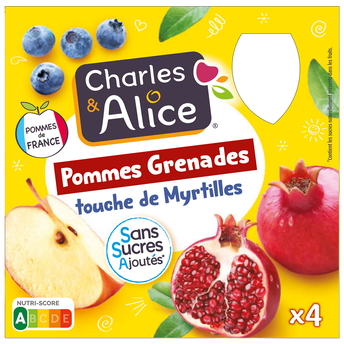 Dessert pomme/grenade/myrtille, sans sucre ajouté, CHARLES & ALICE - 4x90g