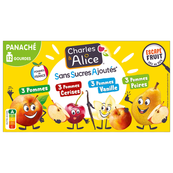 Gourde Dessert pomme/cerise/vanille/poire, sans sucre ajouté, CHARLES&ALICE - 12x90g
