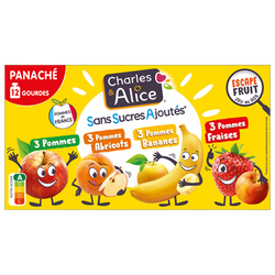 Gourde compote Dessert pomme/abricot/banane/fraise, sans sucre ajouté,CHARLES &ALICE - 12x90g
