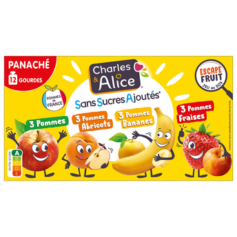 Gourde compote Dessert pomme/abricot/banane/fraise, sans sucre ajouté,CHARLES &ALICE - 12x90g