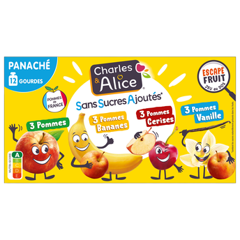 Dessert pomme/banane/cerise/vanille, sans sucre ajouté, CHARLES &ALICE - 12x90g