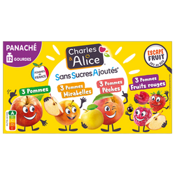 Gourde Dessert pomme/mirabelle/pêche/fruits rouges, sans sucre ajouté, CHARLES & ALICE - 12x90g