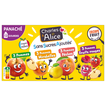 Gourde Dessert pomme/mirabelle/pêche/fruits rouges, sans sucre ajouté, CHARLES & ALICE - 12x90g