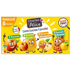 Gourde Dessert pomme/poire/mirabelle/ananas, sans sucre ajouté, CHARLES &ALICE - 12x90g