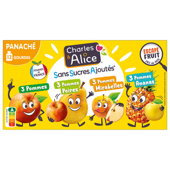 Gourde Dessert pomme/poire/mirabelle/ananas, sans sucre ajouté, CHARLES &ALICE - 12x90g
